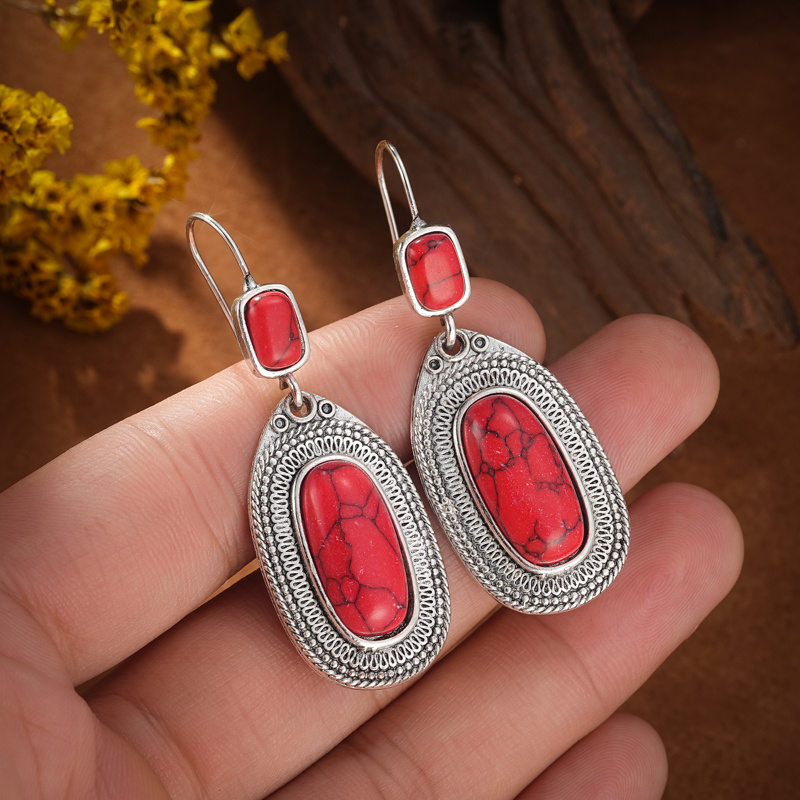 Retro Red Stone Dangle Earrings